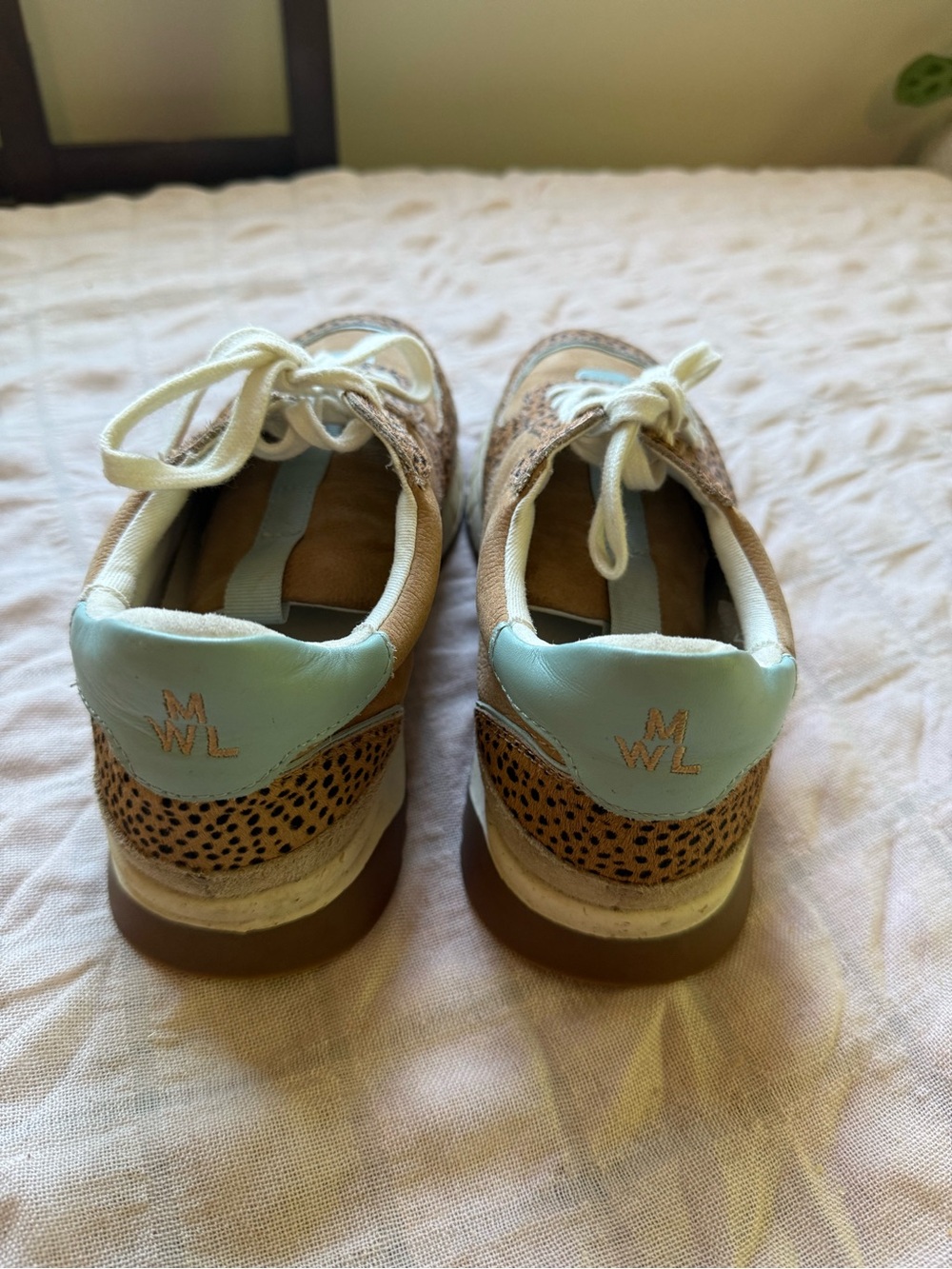Madewell Tan CheetahPrint Sneakers with Cream Laces and Light Blue Trim No tread - Picture 5 of 6